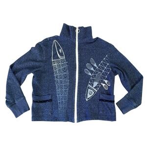 K.D. Spring Art to Wear Printed Full-Zip Sweater Jacket Medium Blue Pockets